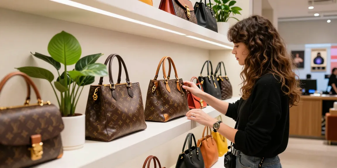Shopper admiring a luxury 레플리카 handbag in a modern boutique.