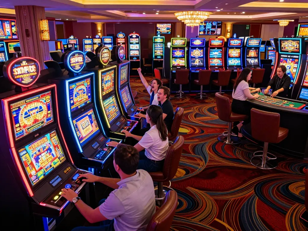 Players enjoying thrilling moments at slot jepang machines in a lively casino setting.