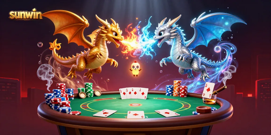 Sunwin poker game illustration with gold and silver dragons, vibrant casino elements.