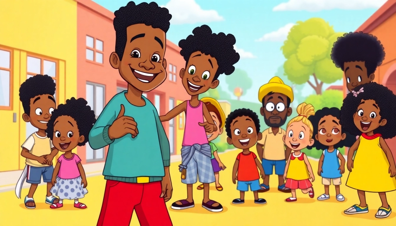 A vibrant illustration of African American Cartoons featuring iconic animated characters in a lively cartoon world.