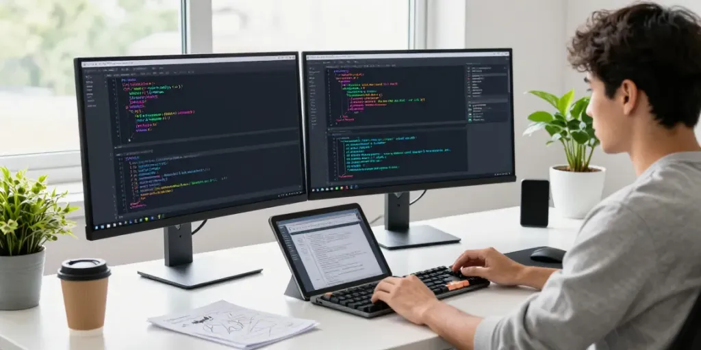 Developer using Notepad++ in a modern tech workspace with vibrant screen displays.