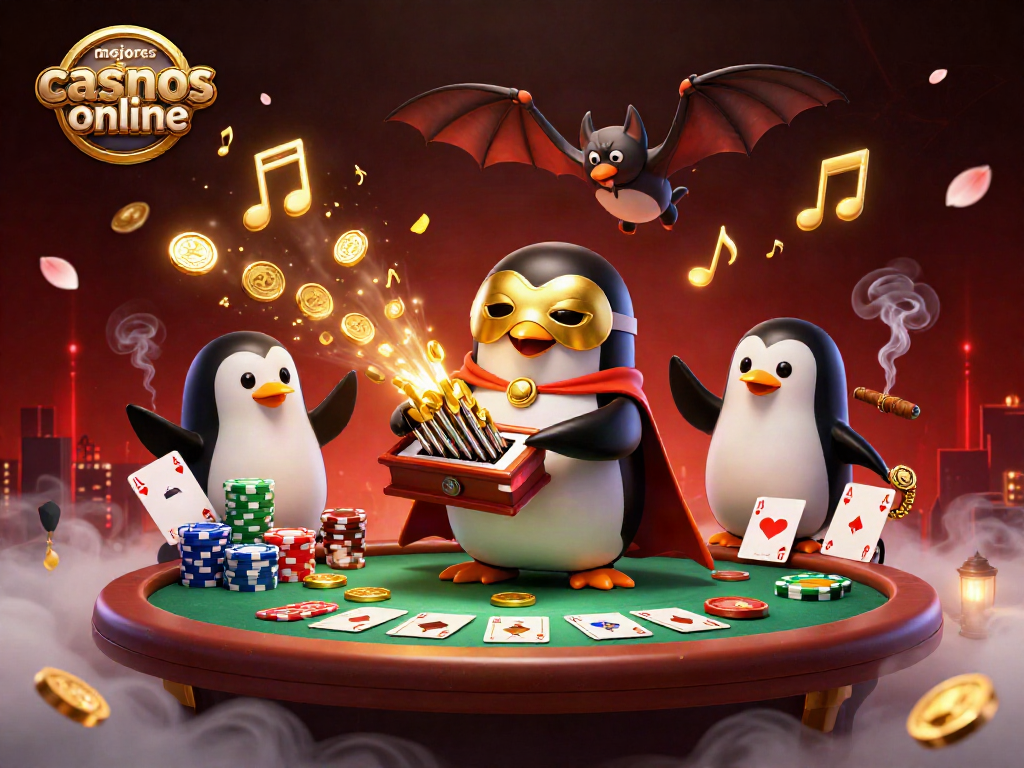 Disfruta de la magia de los mejores casinos online con un pingüino fantasma tocando un órgano lleno de monedas doradas.
