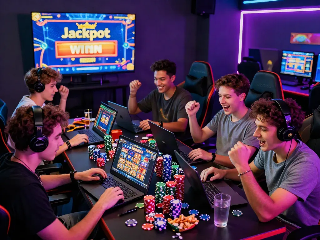 Pemain slot zeus bersenang-senang dalam suasana permainan online penuh warna, dikelilingi keripik kasino dan kemenangan jackpot.