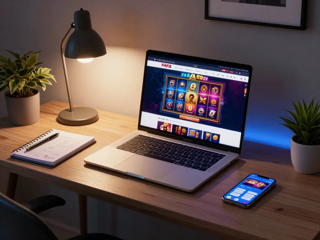 FAFA 828 online gaming setup with vibrant slot games on laptop and strategic notes.