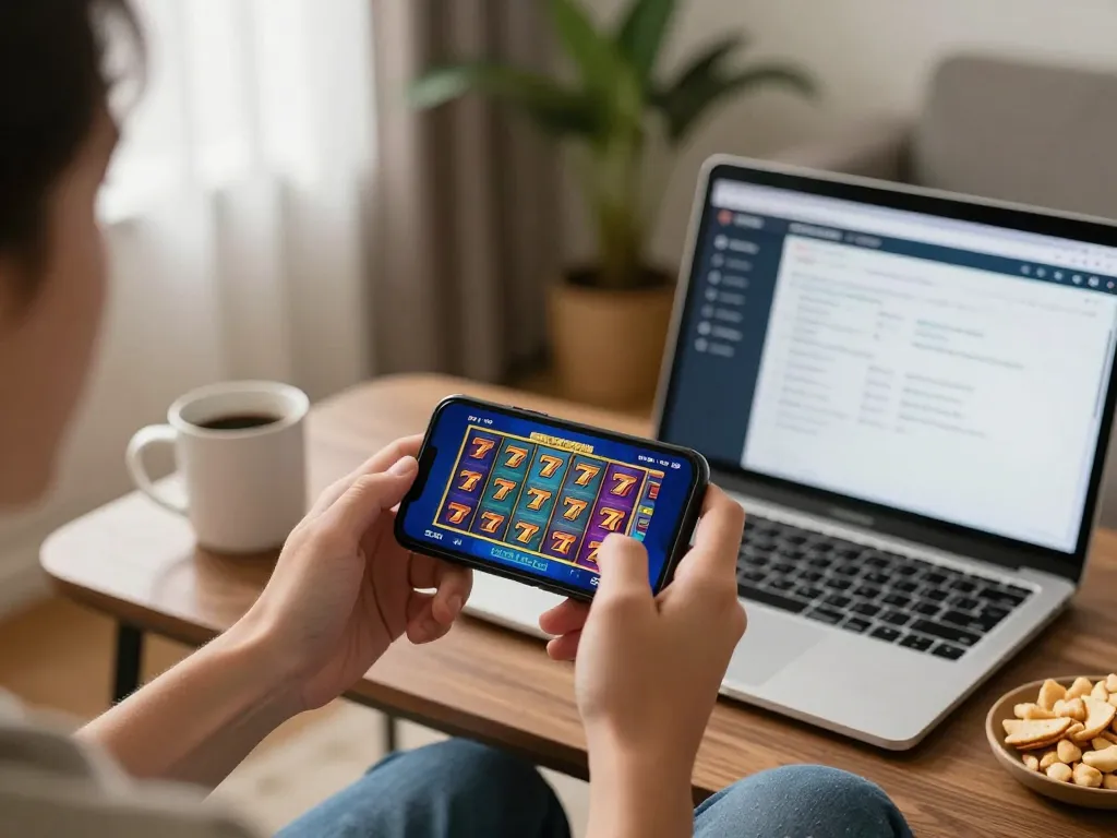 Engaging in slot777 mobile gaming session, showcasing strategic gameplay in a cozy home environment