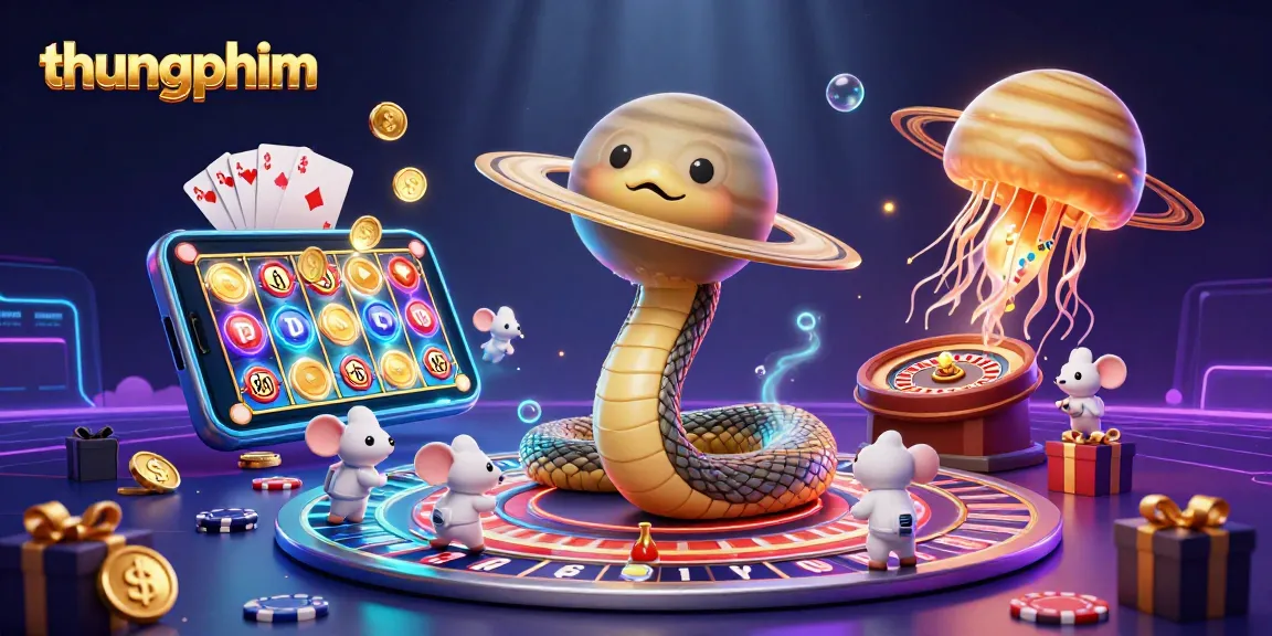 Engage with thungphim's thrilling gambling scene featuring a cosmic roulette wheel and vibrant slot games.