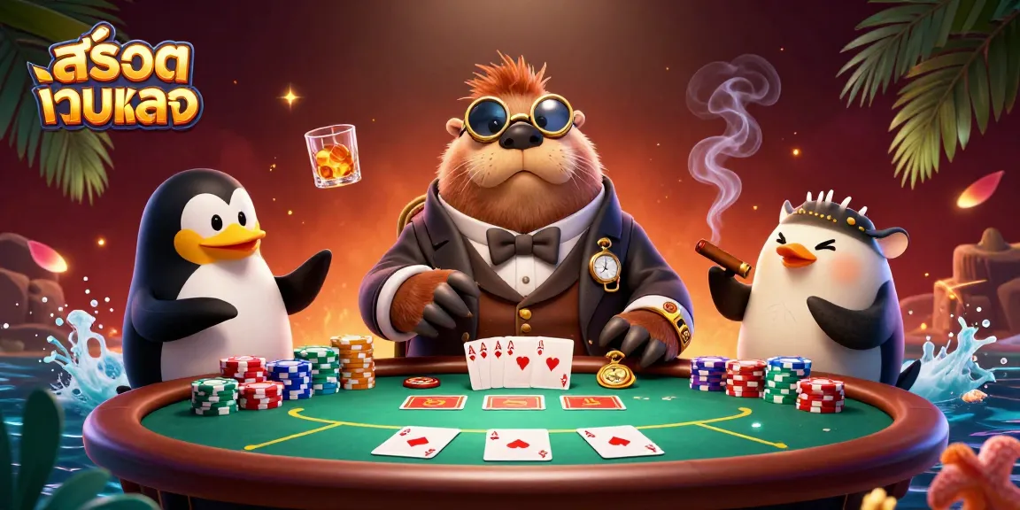 Engage in thrilling gameplay at สล็อตเว็บตรง with a jolly walrus and friends at a vibrant poker table.