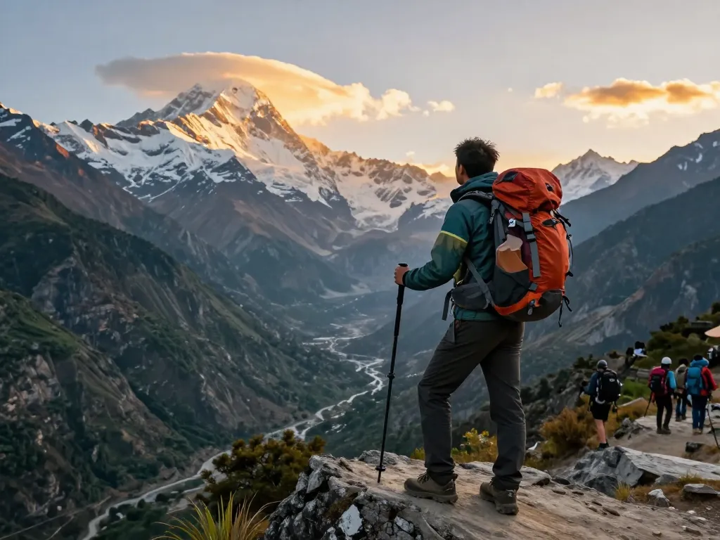 Annapurna Circuit trek traveler at sunset, showcasing breathtaking mountain views and vibrant hiking gear.