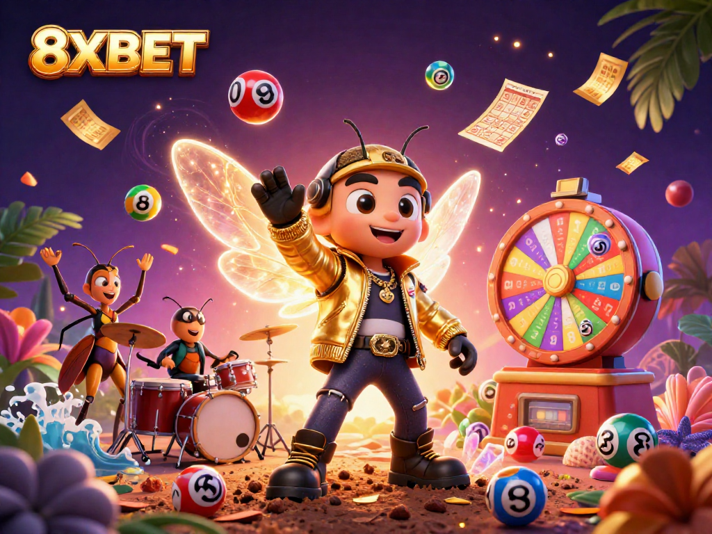 Experience thrilling gameplay with 8XBET's colorful lottery-themed illustration featuring dynamic game elements.