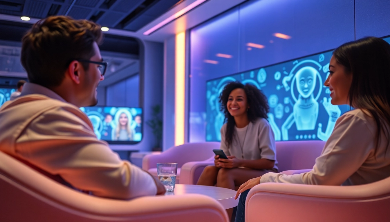 Engaging AI sex chat in a modern lounge, showcasing vibrant interactions.