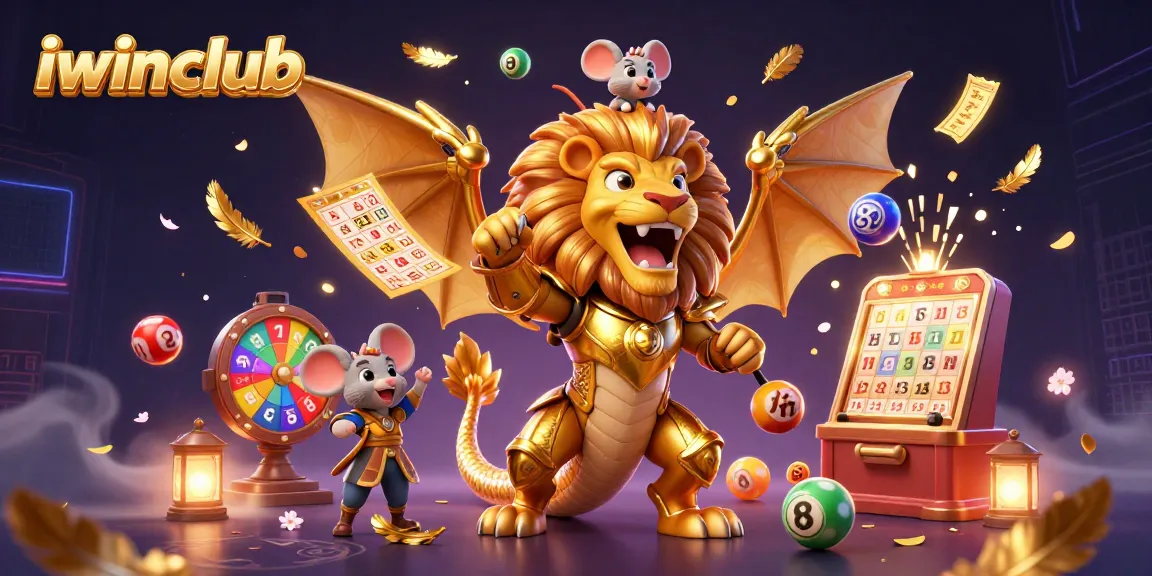 Engage with iwinclub's thrilling game atmosphere, featuring lottery balls and vibrant casino elements.