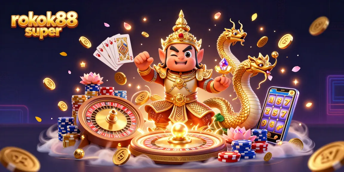 Experience the excitement of rokok88 super with this vibrant casino illustration, showcasing thrilling gaming elements.