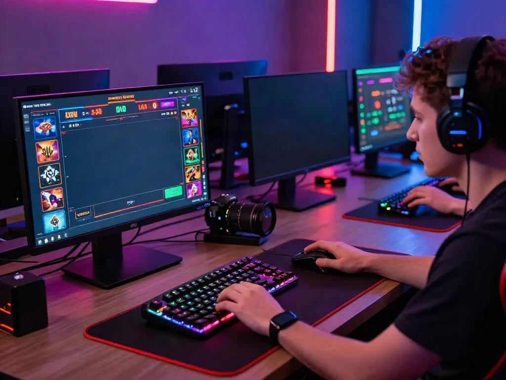Pengguna menggunakan link alternatif Totobet untuk bermain poker online dengan aksesori gaming modern.