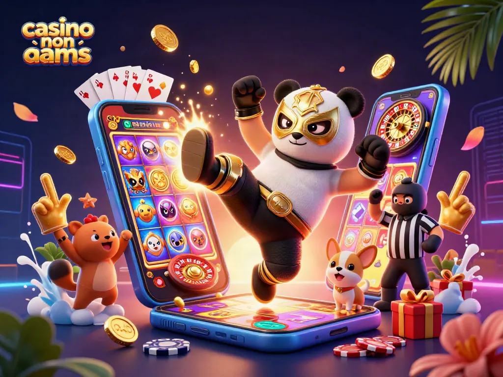 Scopri i casino non AAMS in questa vivace illustrazione 3D con panda lottatore e giochi da casinò.