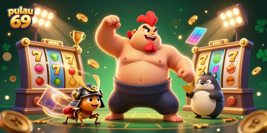 Pulau 69 shows a powerful sumo rooster and samurai cricket amidst spinning slots and golden prizes.