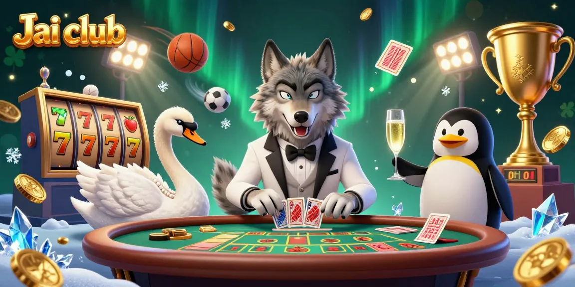 Experience the vibrancy of the Jai club as a debonair wolf and friends engage at the baccarat table with dynamic slot elements.