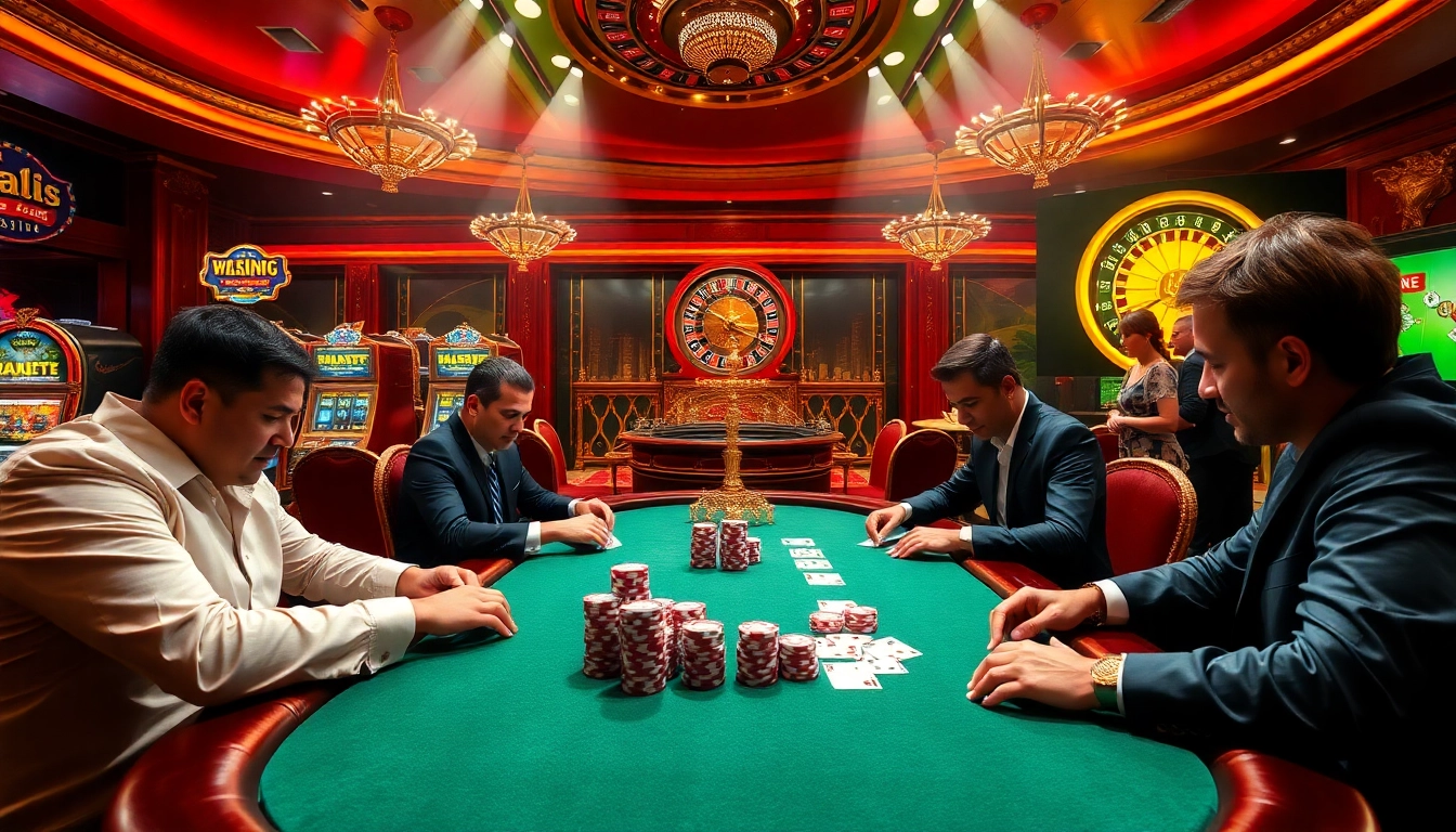 Découvrez l'excitation de jouer au meilleur casino en ligne France avec une scène de poker dynamique mettant en vedette des joueurs intenses et un décor luxueux.