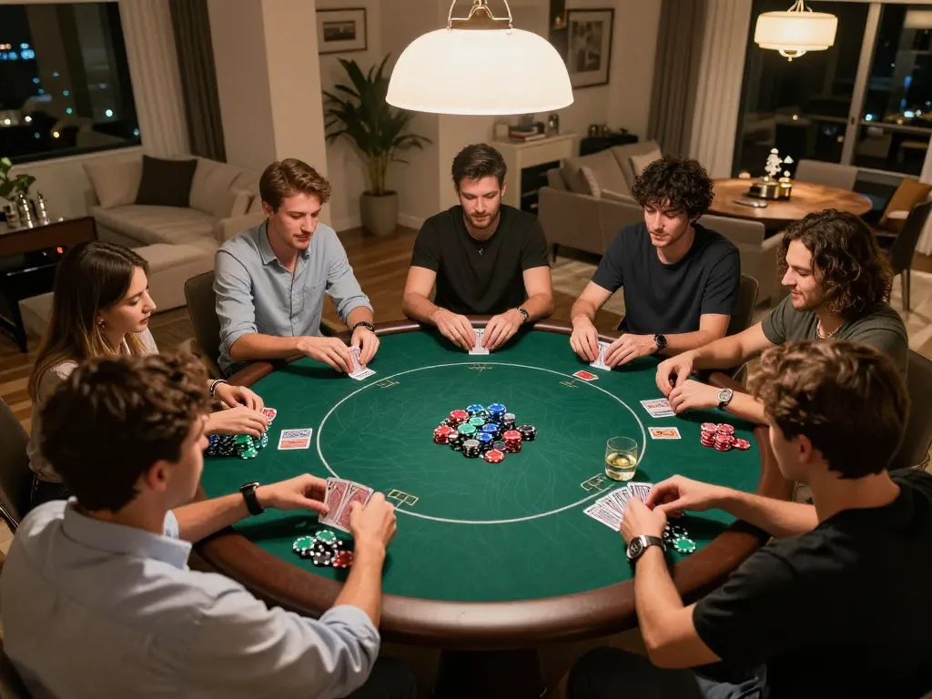 Friends enjoying a poker game at home with ROKOK88 atmosphere, showcasing strategy and excitement.