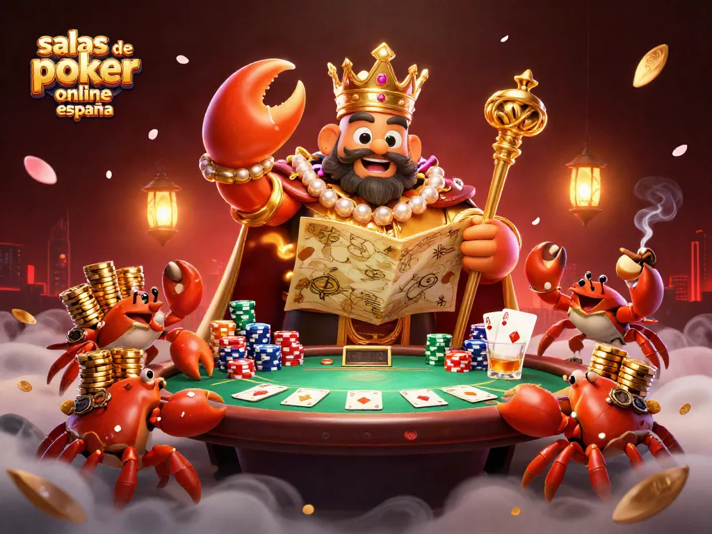 Salas de póker online España con un cangrejo dorado y fichas de póker en 3D.