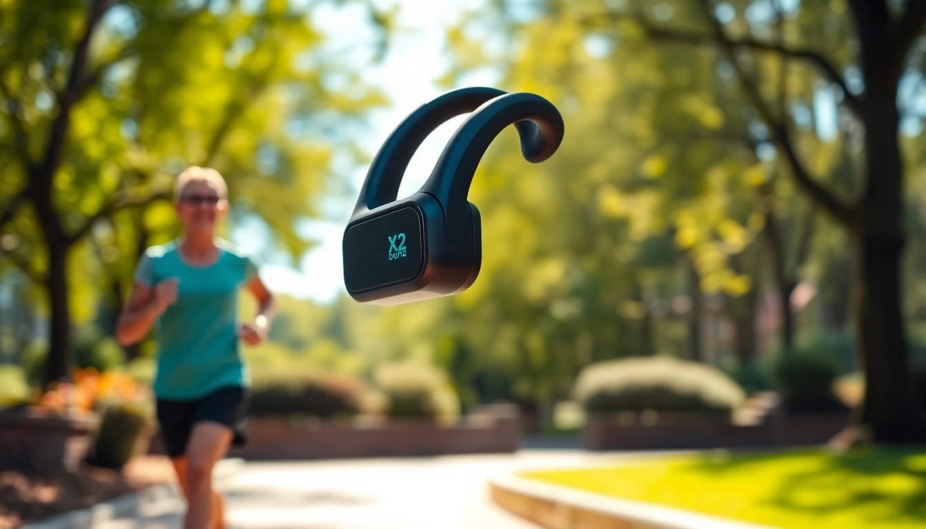 Experience the comfort and performance of Bone X2 Bone Conduction Headphones while jogging in nature.