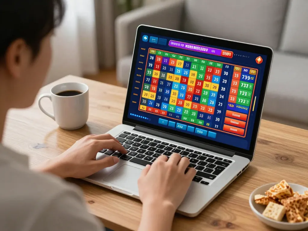 Terlibat dalam permainan toto togel yang menarik di rumah, menampilkan layar laptop dengan opsi taruhan.
