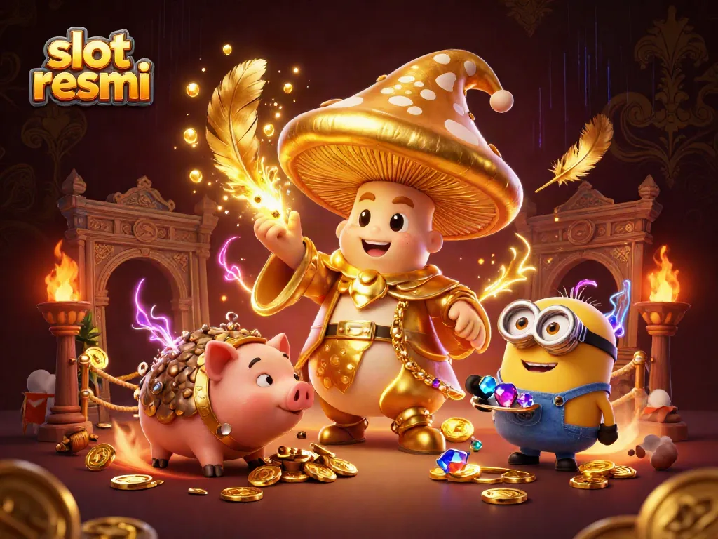 Spin the reels with slot resmi, featuring a golden mushroom wizard and treasure-filled scene.