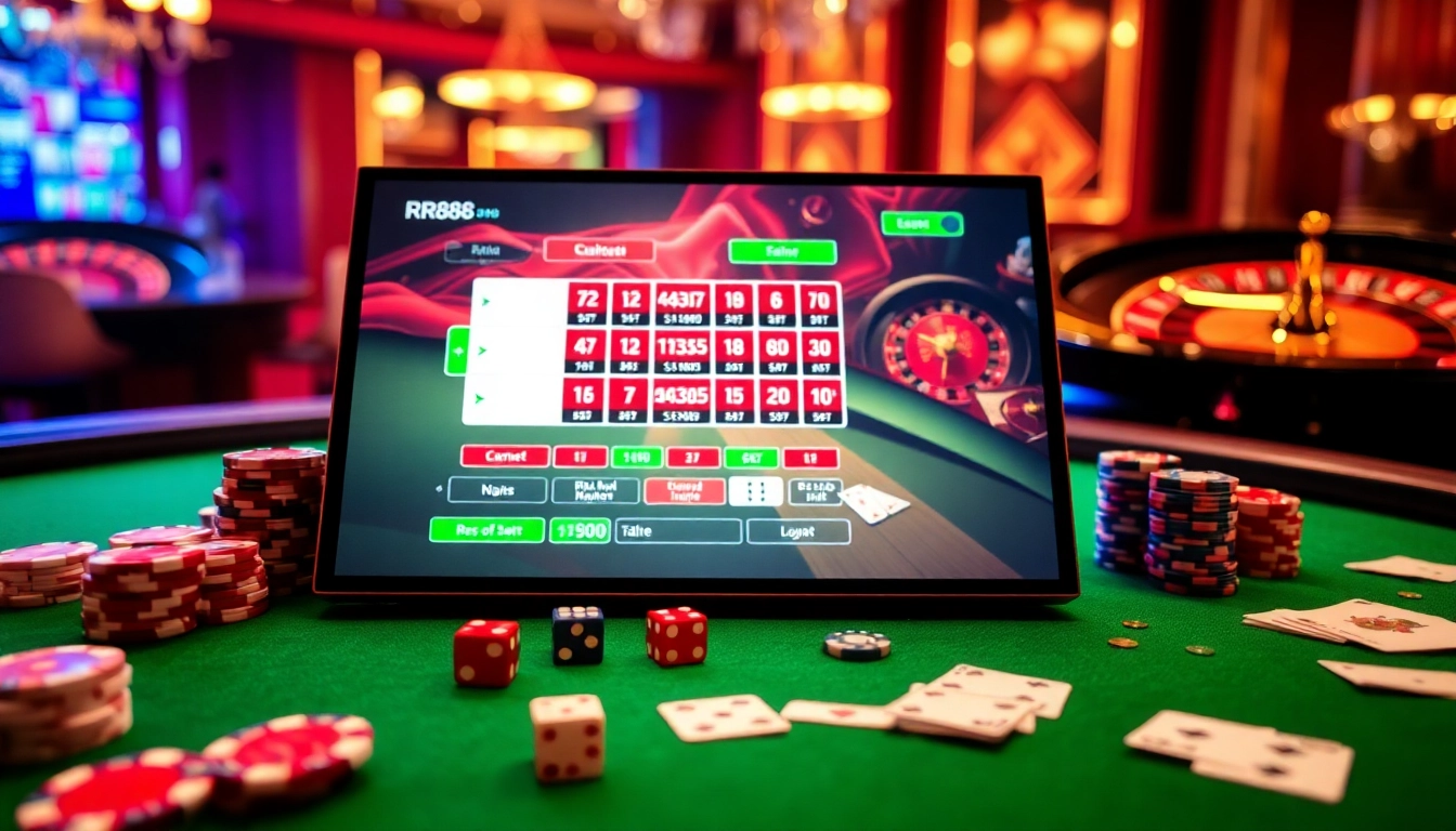 RR88 gaming interface with vibrant casino chips and cards enhancing excitement.