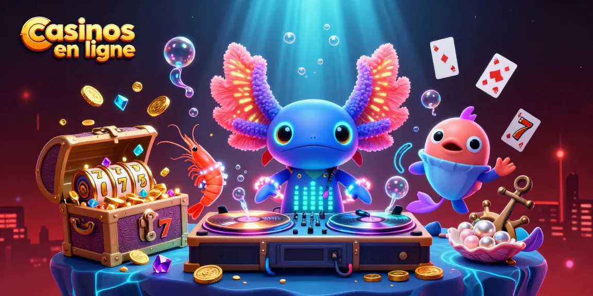 Jouez aux casinos en ligne avec cet axolotl DJ lumineux entouré de créatures marines dans un univers coloré