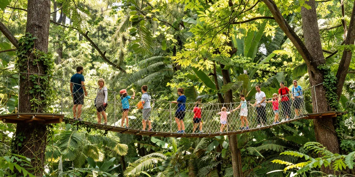 Rope Bridge design connecting two trees, families exploring nature and adventure in a vibrant forest.