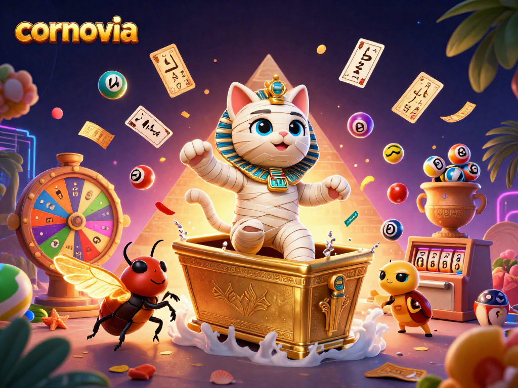 Experience the excitement of cornovia's vibrant gaming scene with the Mummy Cat at a dazzling pyramid casino.