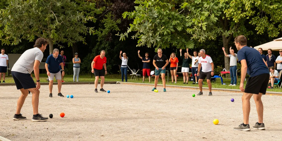 Aktivitas di event olahraga petanque oleh fopikotapalu.org dengan pemain beragam berkompetisi di lapangan kerikil.