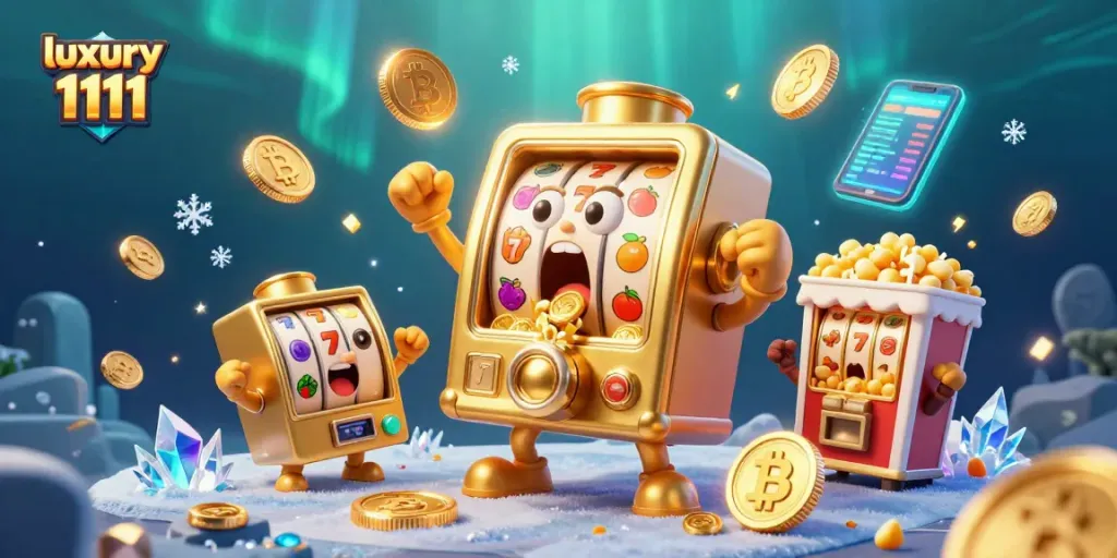 Slot jackpot berani dengan luxury 1111, mesin slot memancarkan koin emas dengan penuh kegembiraan.