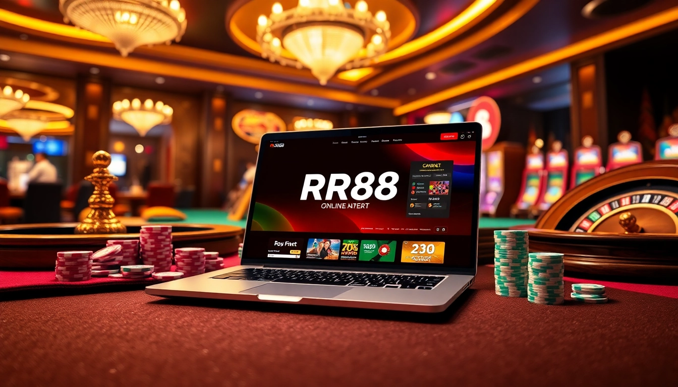 Experience the thrill of RR88's online casino with vibrant games and engaging poker chips.
