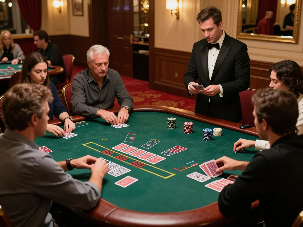 8kbet players strategizing at a luxurious blackjack table in a vibrant casino atmosphere