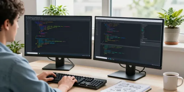 The workspace scene for https://notepad-app.co/ showcasing a programmer coding in Notepad++ with dual monitors and a modern office setup.