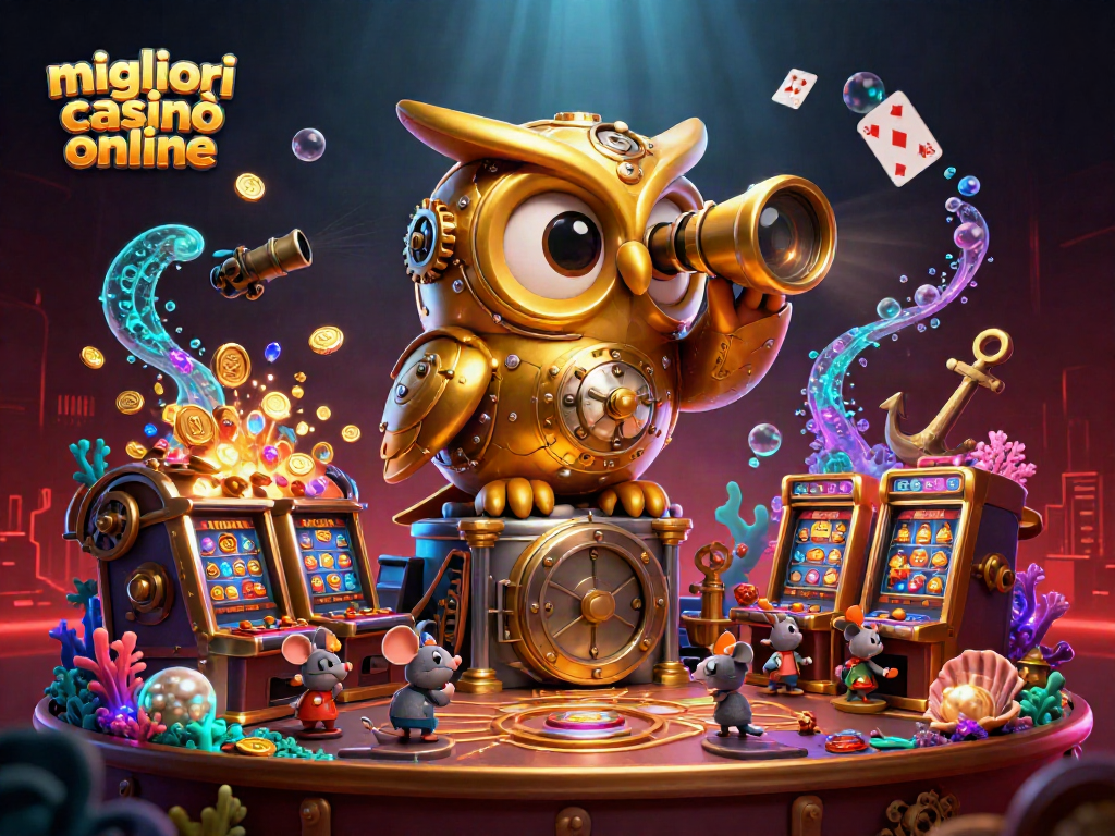 I migliori casinò online esplorati in un'illustrazione creativa con un gufo d'oro e topi tra le slot.
