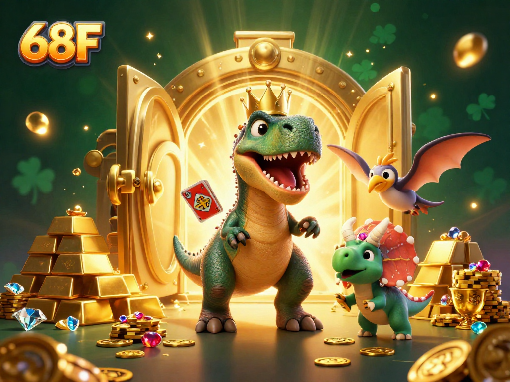 Ilustração fantástica do T-Rex e seus amigos jogando no cassino 68F, com luzes e elementos de jogos.