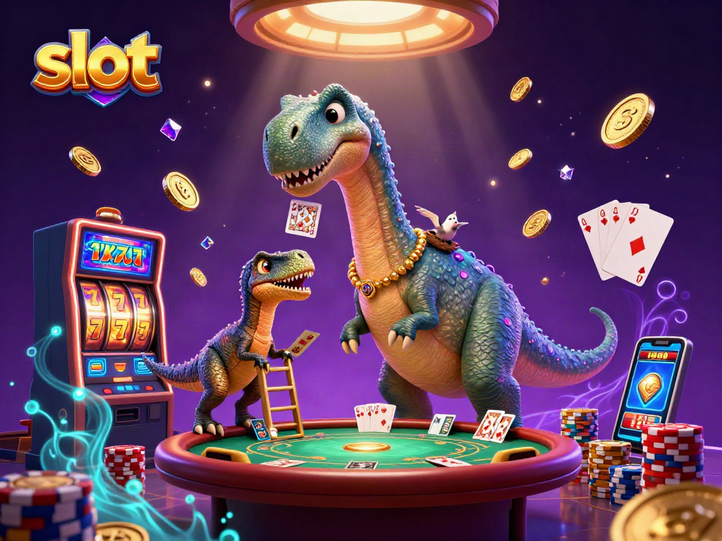 Spin the slot reels and win big with vibrant casino-themed illustration featuring lively characters.