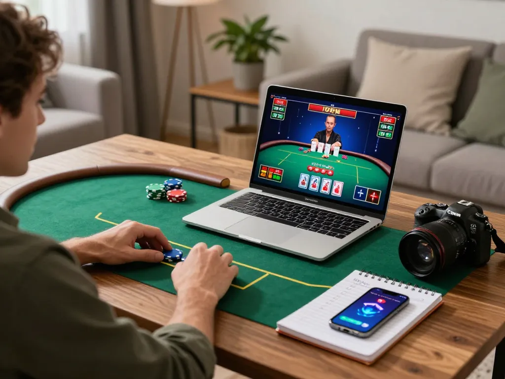 F168 player enjoying online poker in a cozy home setup with strategic notes and vibrant gaming interface.
