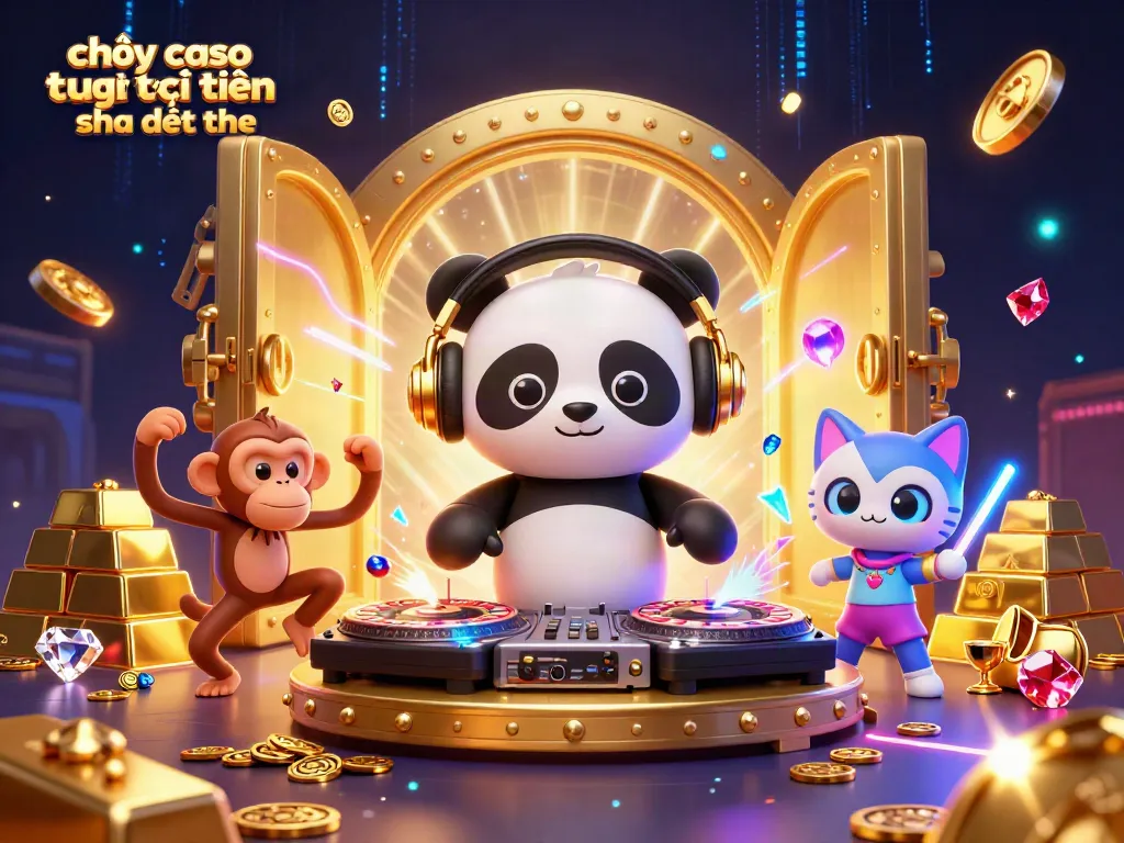 Chơi casino trực tuyến trên điện thoại với hình ảnh vũ điệu của panda DJ, khỉ và mèo đầy màu sắc.