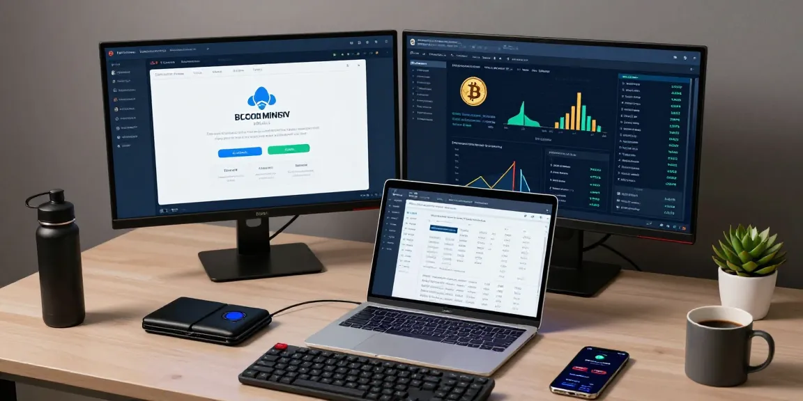 Secure cloud mining platform dashboard and cryptocurrency trading setup with monitors, digital wallet, and blockchain documentation.