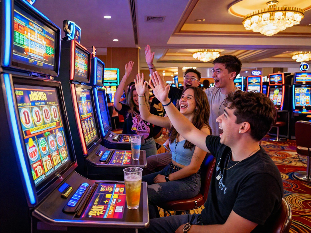 Exciting scene with diverse friends enjoying rokok88 slot machine in a lively casino atmosphere.