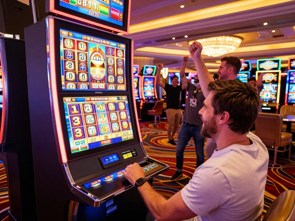 Player celebrating a big win at a 388bet slot machine in a vibrant casino.