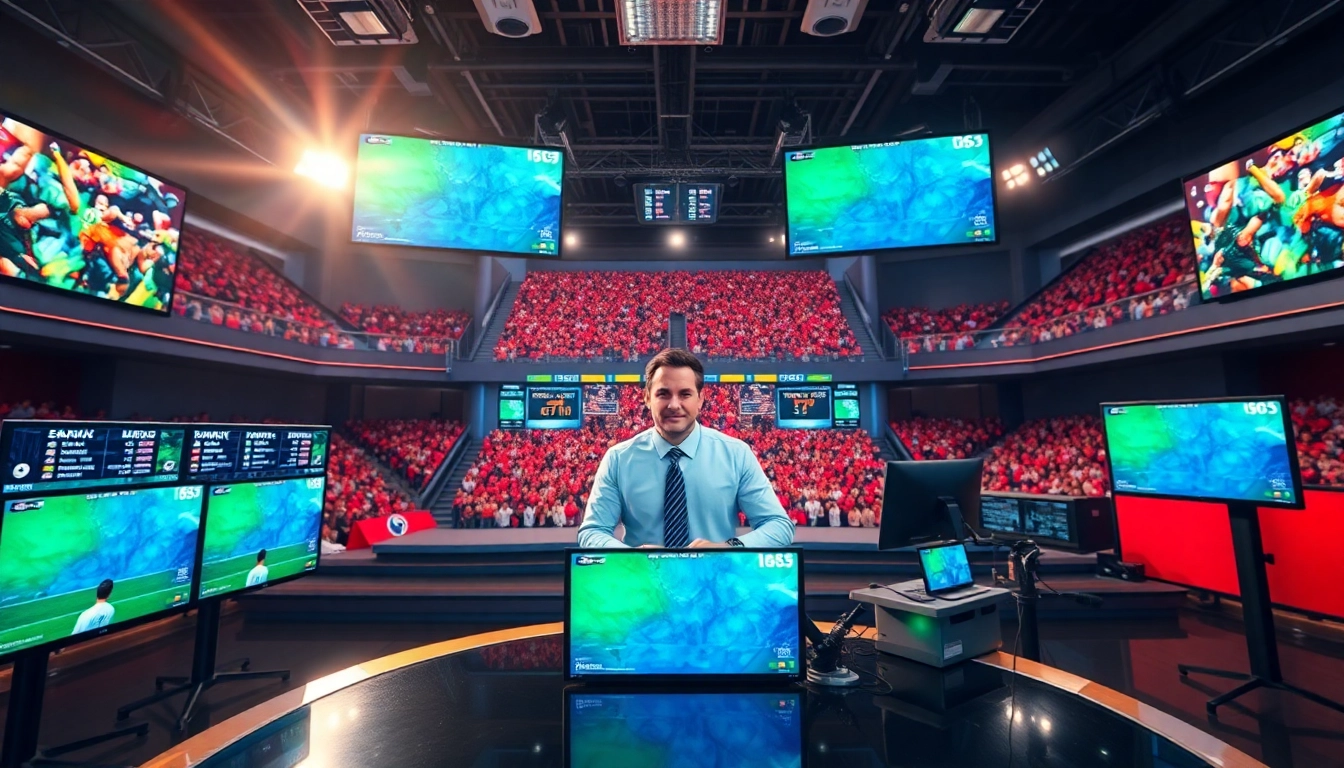 Engaging sports broadcasting studio with anchors presenting live updates on various sports events.