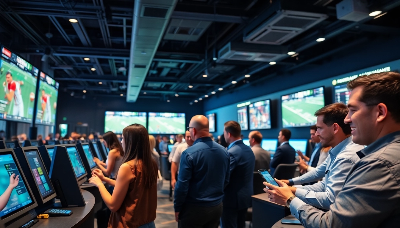 Discover sportsbooks in South Carolina featuring diverse bettors engaging in a lively atmosphere.