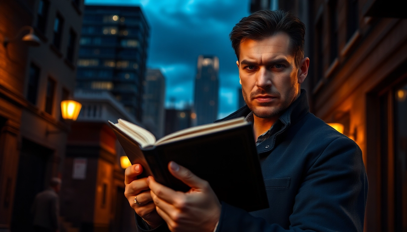 Action-packed hero poised like Reacher in a dramatic urban setting.
