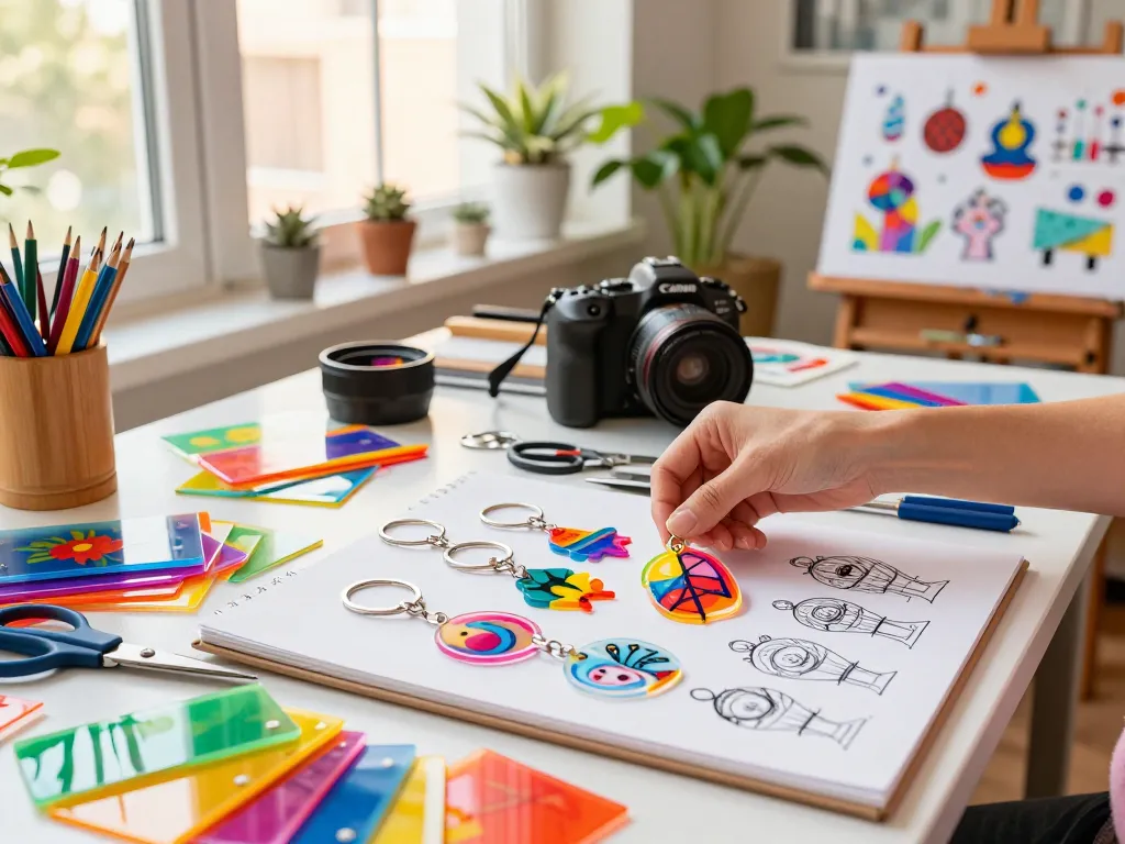Custom acrylic keychains displayed in a creative studio, showcasing bright colors and unique designs.