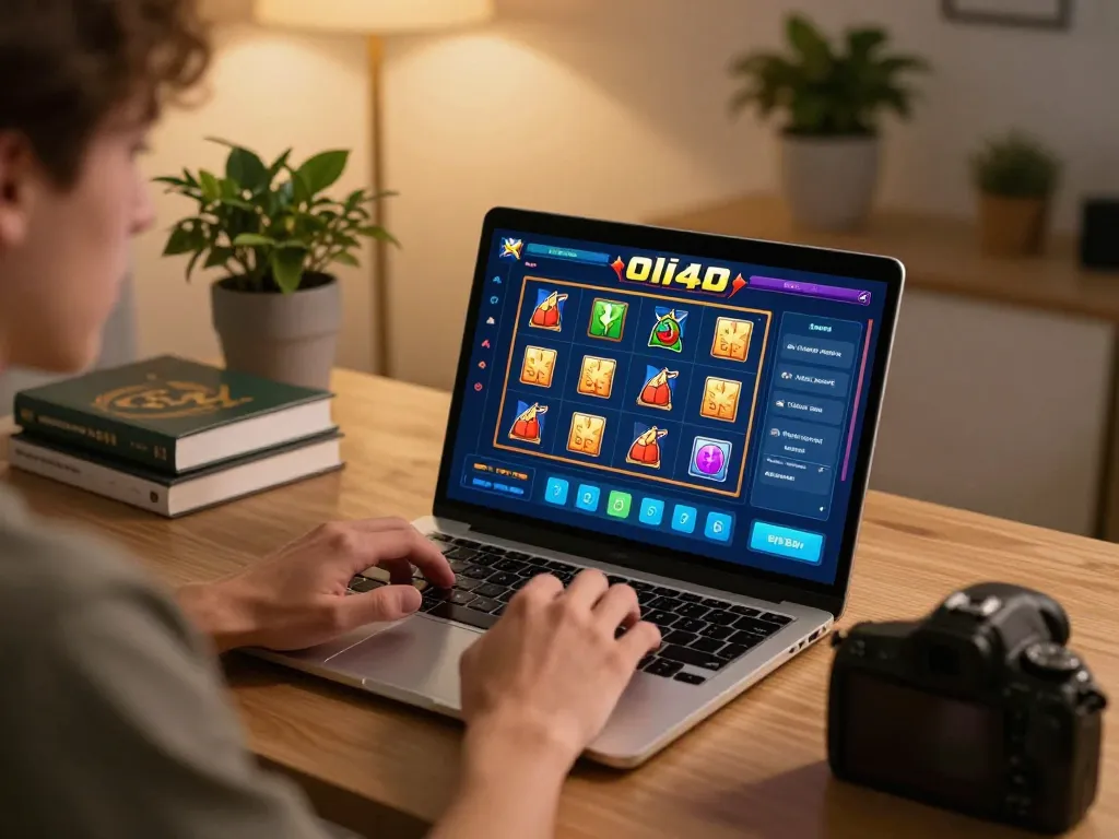 Engaging player enjoying oli4d slot game on laptop, showcasing responsible gaming ambiance.