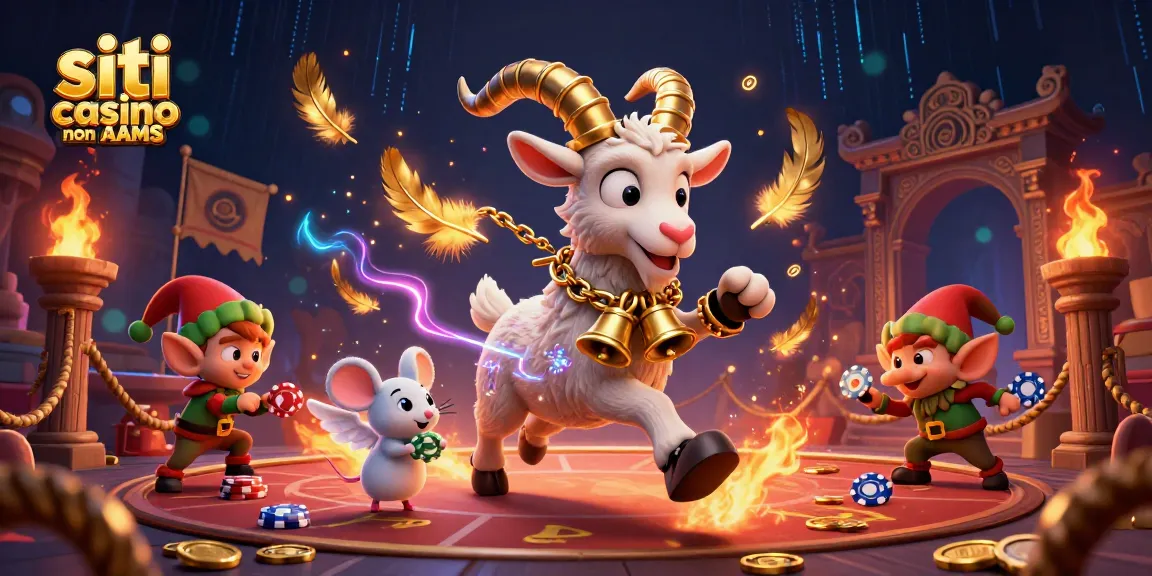 Siti casino non AAMS: Illustrazione 3D di un casinò festivo con Krampus e topi, immerso in fuochi e effetti neon.