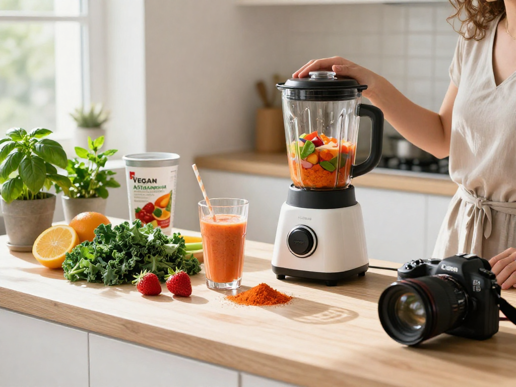 Vegan astaxanthin supplement smoothie preparation in a bright kitchen.